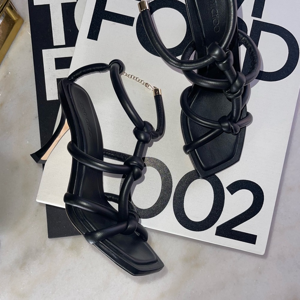 New Jimmy Choo Bay 90 Open Toe Sandal in Black Leather Womens 37.5 New NIB - Picture 7 of 17